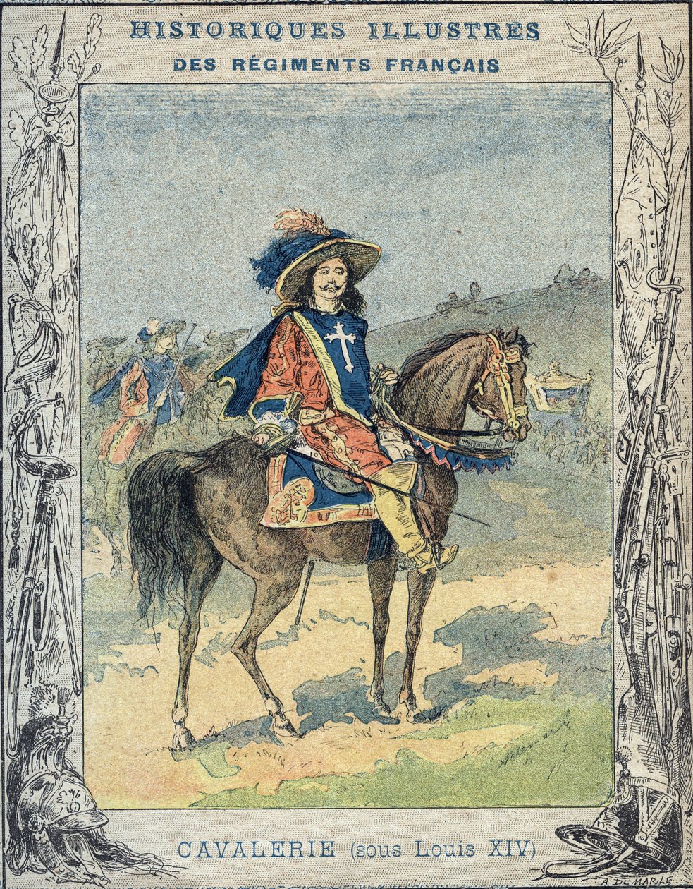 Kavalleri under Ludvig XIV - Från ett skyddande fodral för skolböcker, sent 1800-tal - Kavalleri sous Louis XIV - illustration av A Demarle - Protege anteckningsbok historique, sent 1800-tal - av A. Demarle