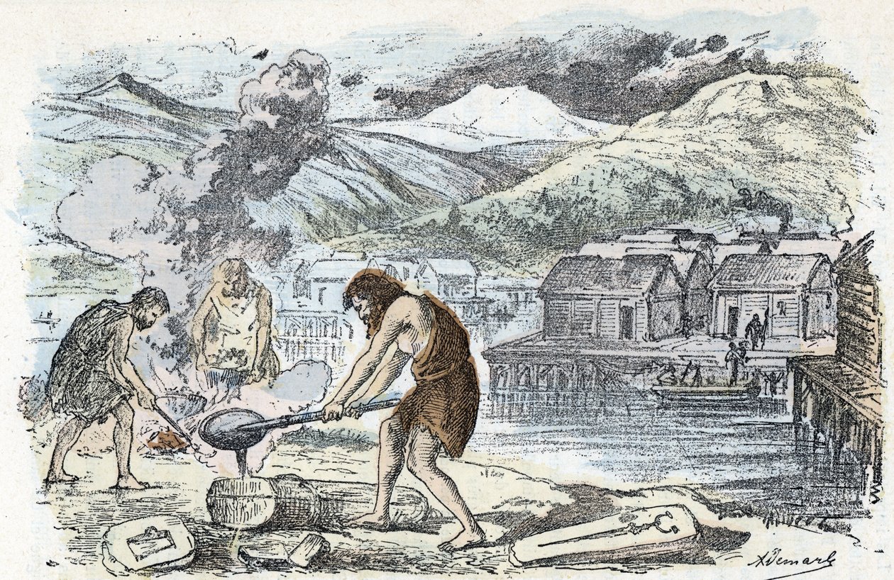 Förhistoria, bronsålder: gjuteriverkstad nära en pålhusbosättning Gravyr från "" La nature et l