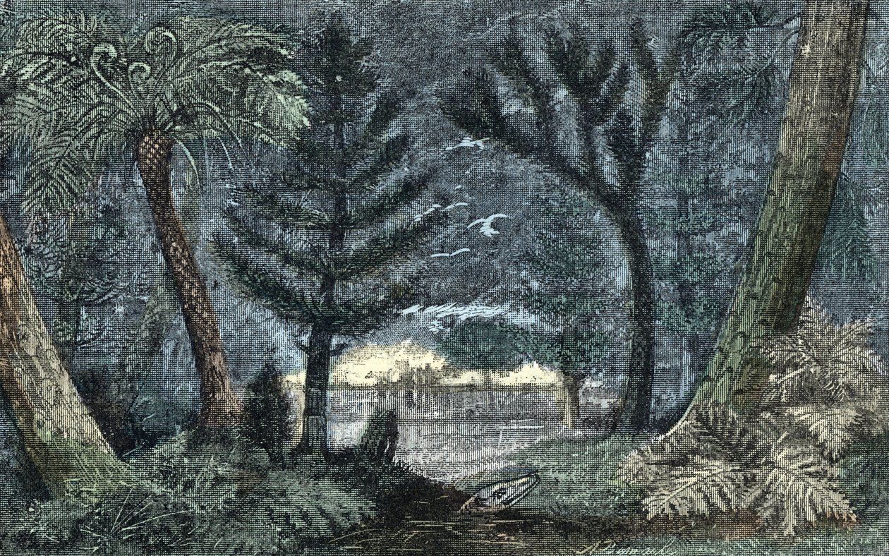 Förhistoria: karakteristiskt landskap med träsk och skog av A. Demarle