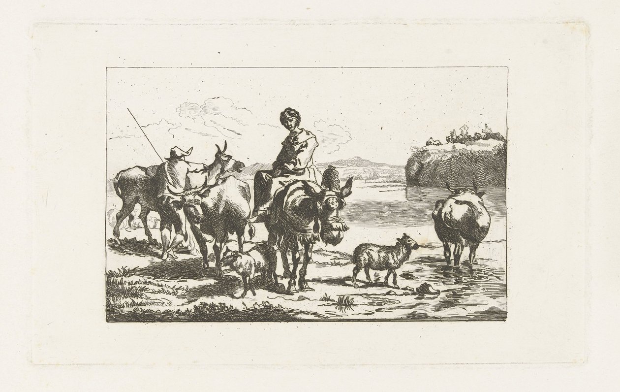 Landskap med herdinna på mula och herde med kor av A. Dickhof (signed by artist)