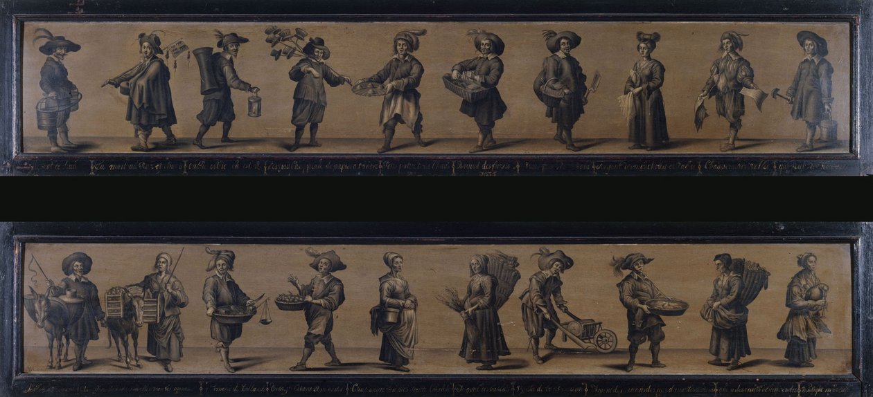 Les Cris de Paris, år 1634 (olja på trä) av A. Doy