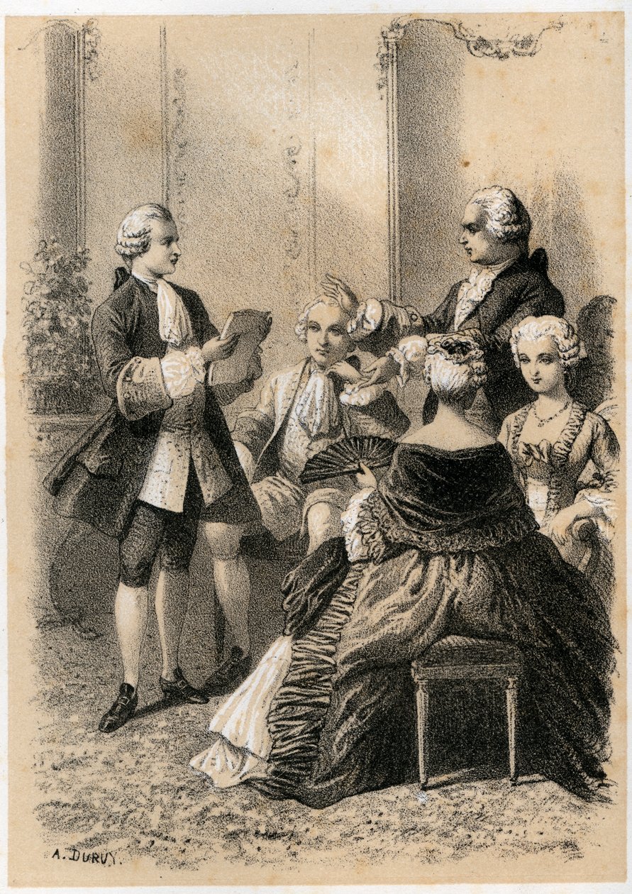 Antoine-Marin Lemierre läser Hypermnestra för Jean-Baptiste Vivien de Chateaubrun, illustration från 