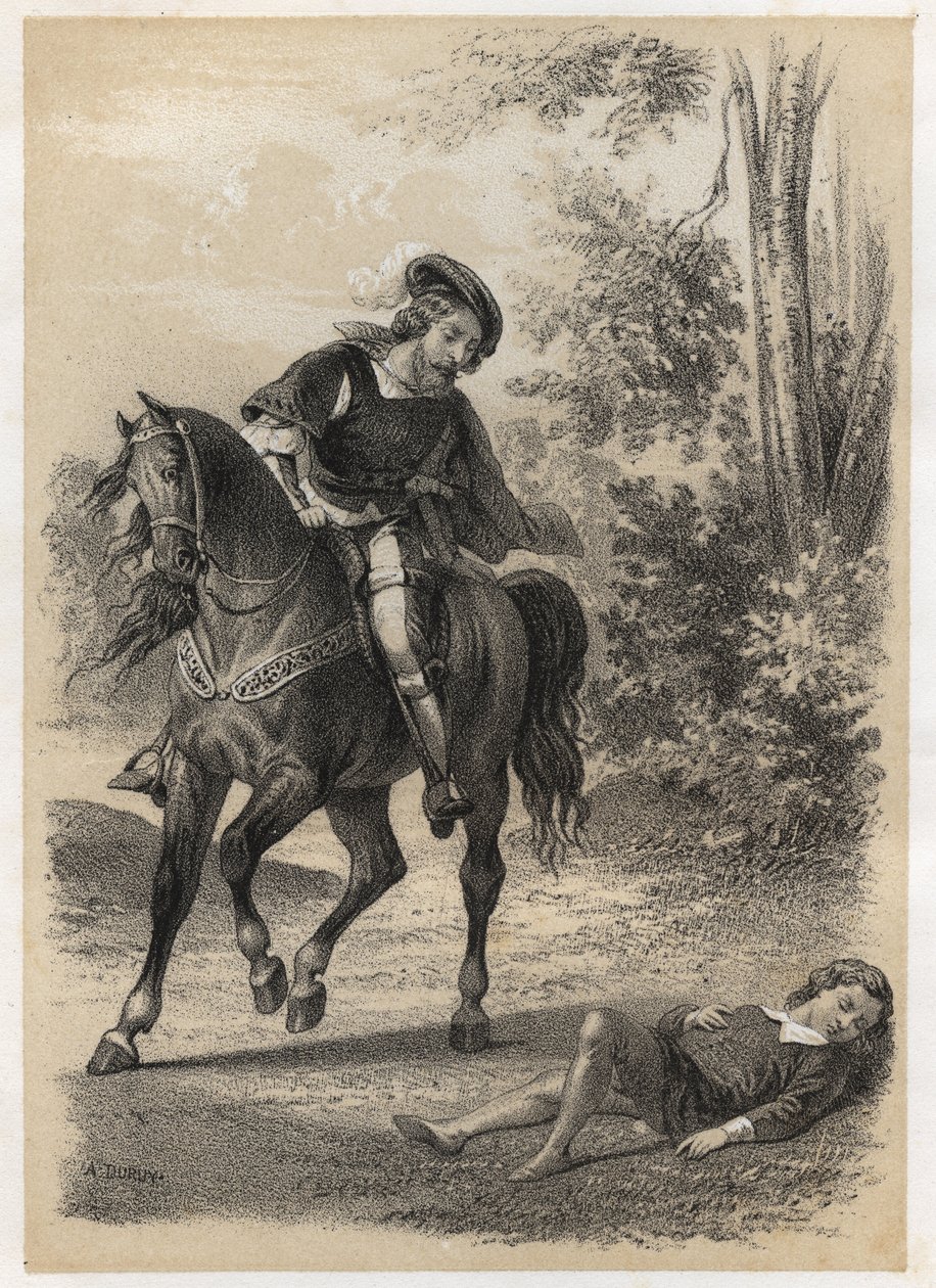 Jacques Amyot (1513-1593), räddad, vid 10 års ålder, av en resenär. Gravyr av A. Duruy i "" litterära illustrationer av Frankrike; eller, anekdotisk galleri av våra huvudförfattare som är intresserade av deras handlingar och deras inskriptioner”” av J.B. M av A. Duruy