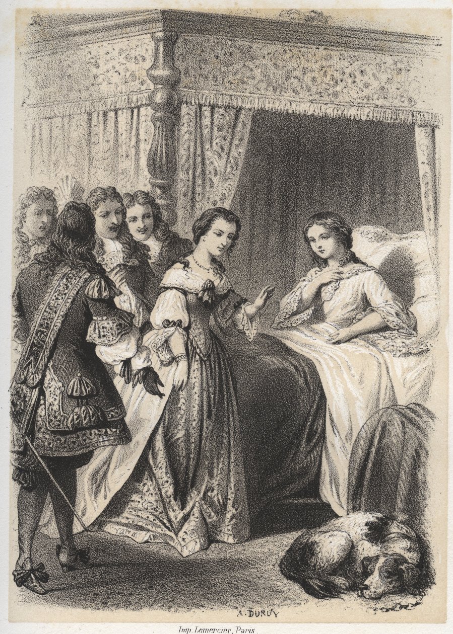 Madame Deshoulieres, Antoinette Ligier de La garde (1637-1694) överväldigad av frågor från sitt följe efter en natt tillbringad med rädsla för spöket. Gravyr av A. Duruy i "" Illustrations litteraires de la France; eller, Galerie anecdotique de nos pr av A. Duruy