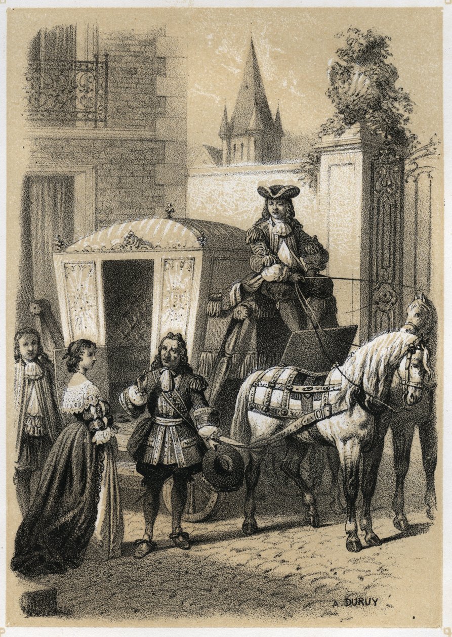 Marie de Rabutin-Chantal (Rabutin Chantal), Marquise de Sevigne dit Madame de Sevigne (1626-1696) tvingade Gilles Menage (1613-1692), fransk grammatik och författare att åka i sin vagn. Gravyr av A. Duruy i "" Illustrations litteraires de la France; eller, av A. Duruy