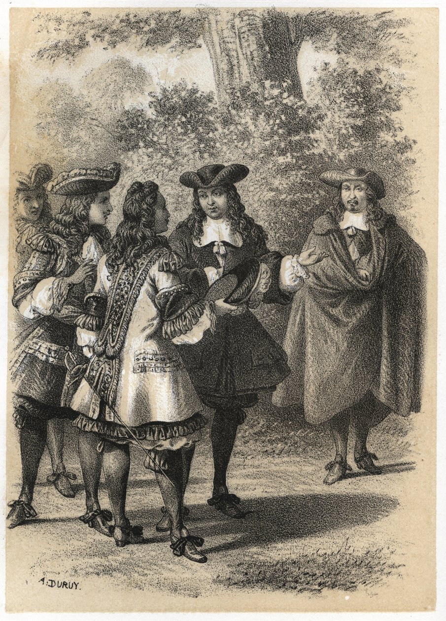 Möte i Paris mellan Jean Racine (1639-1699) och Pierre Corneille (1606-1684). Gravyr av A. Duruy i "" litterära illustrationer av Frankrike; guld, Anekdotisk galleri av våra huvudförfattare intresserade av deras handlingar och deras inskriptioner”” av J.B. av A. Duruy