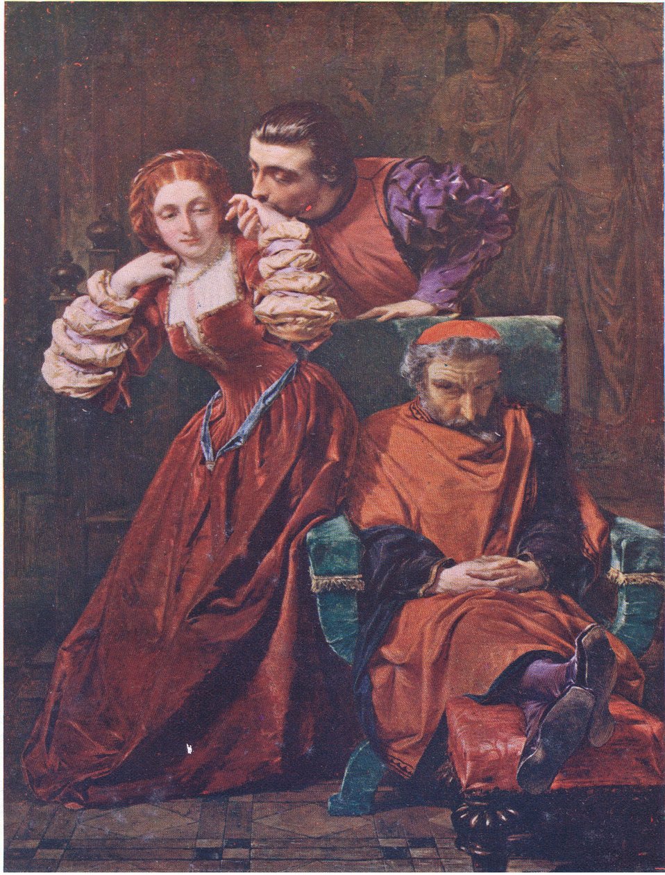 Silvia och Valentine (The Two Gentlemen of Verona) "Denna kärlek till dem jag själv har ofta sett, lyckligtvis, när de har dömt mig fast i sömnen", från The Complete Works of William Shakespeare pub. av J Coker & Co Ltd (färg litho) av A. E. Elmore