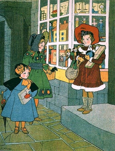Ett besök i leksaksbutiken, sida från en illustrerad barnbok av A. E. Moore
