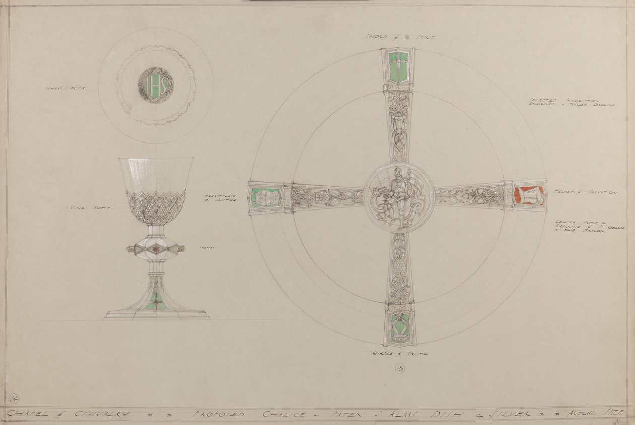 Chapel of Chivalry: föreslagen kalk-, paten- och allmosfat (penna, bläck, pensel, wc & silverfärg på grått kort) av A. Edward Jones and Co.