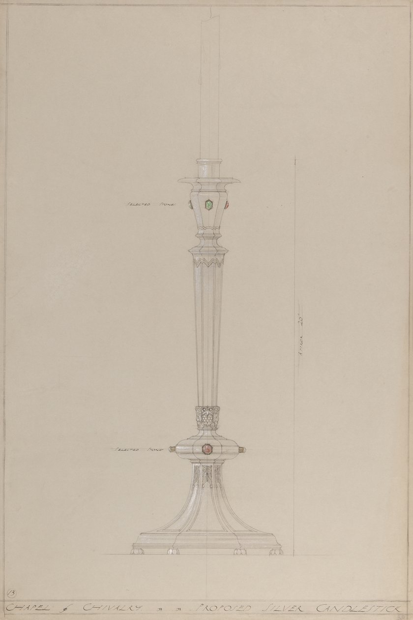 Chapel of Chivalry: föreslagen silverljusstake (penna, bläck, pensel, wc & silverfärg på grått kort) av A. Edward Jones and Co.