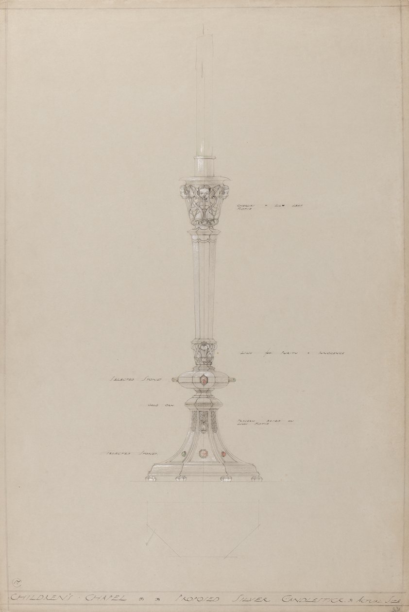 Barnkapell: föreslagen silverljusstake, verklig storlek (penna, bläck, pensel, wc & silverfärg på grått kort) av A. Edward Jones and Co.
