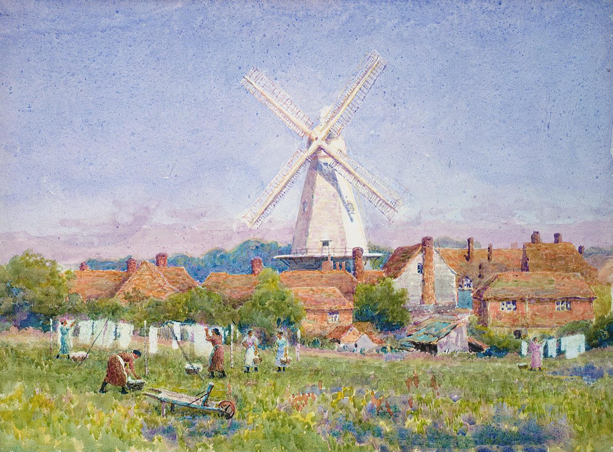 Kvinnor som hänger tvätt, Cranbrook Mill, Kent av A. Foord Hughes