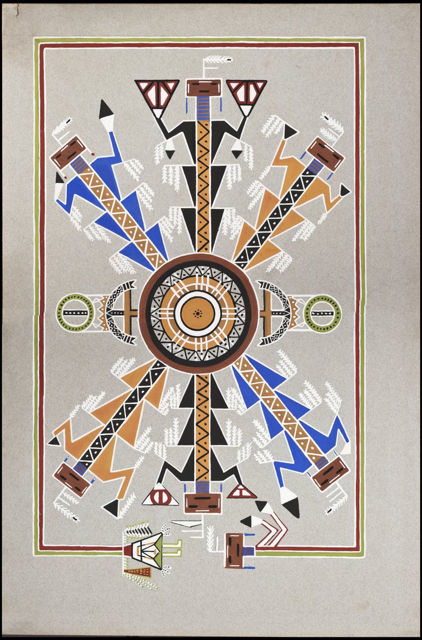 Ritningar som visar begravningsplatsen för "Cadunce" en Chippewa-indian "medicinman", en Navajo-sandmålning och målningar av kråksten av A. Grossman