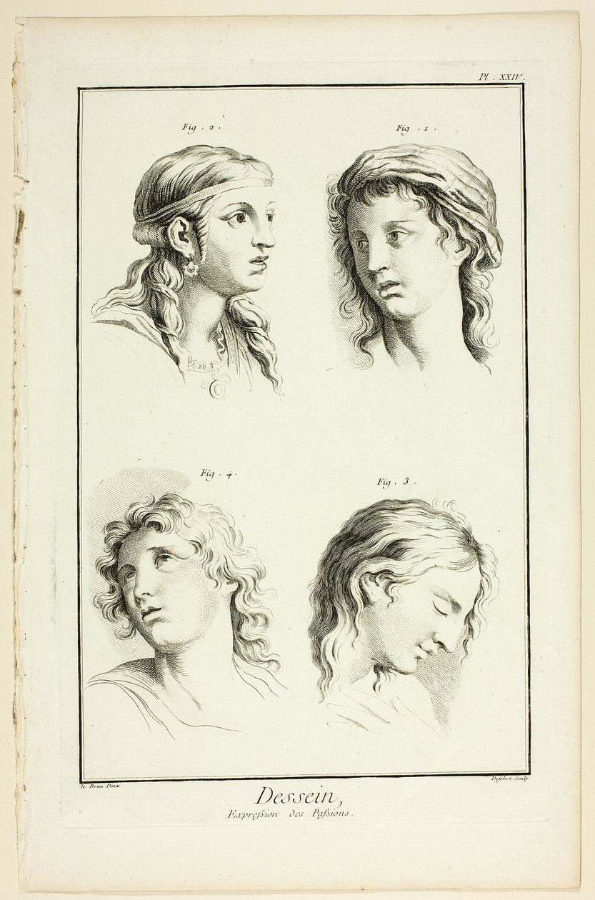 Teckning: Känslouttryck (förundran, kärlek, vördnad, hänförelse), från Encyclopédie av A. J. Defehrt