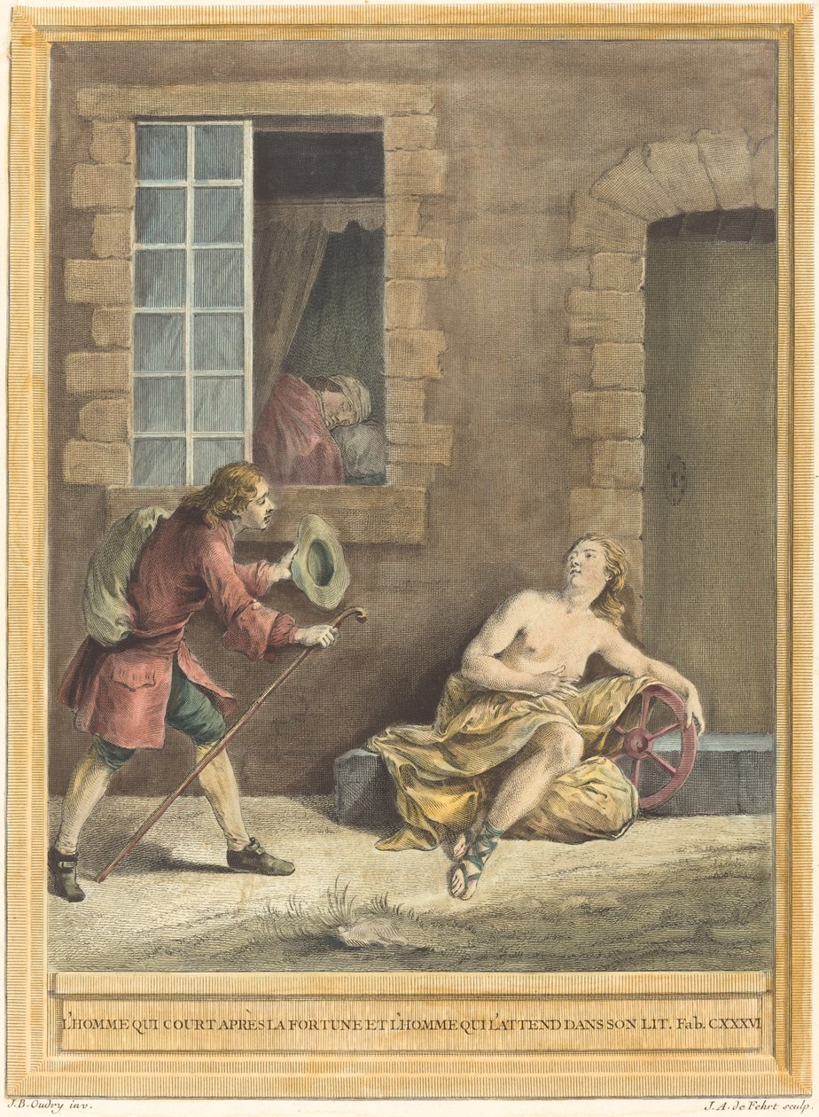 Mannen som uppvaktar förmögenhet och mannen som sover i sängen av A. J. de Fehrt after Jean Baptiste Oudry