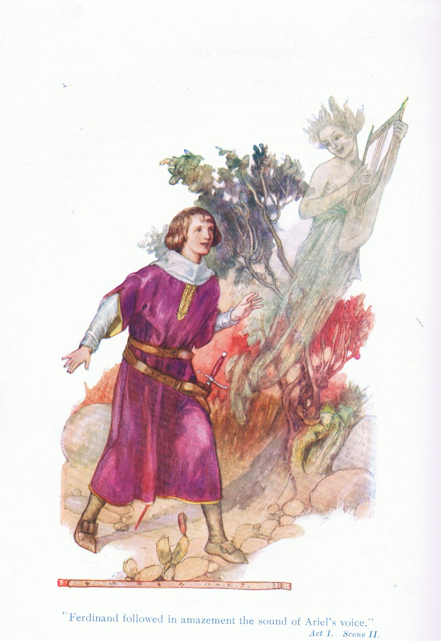 Ferdinand följde med förvåning ljudet av Ariels röst (The Tempest), från Tales from Shakespeare pub. av Ward Lock & Co Ltd av A. Jackson