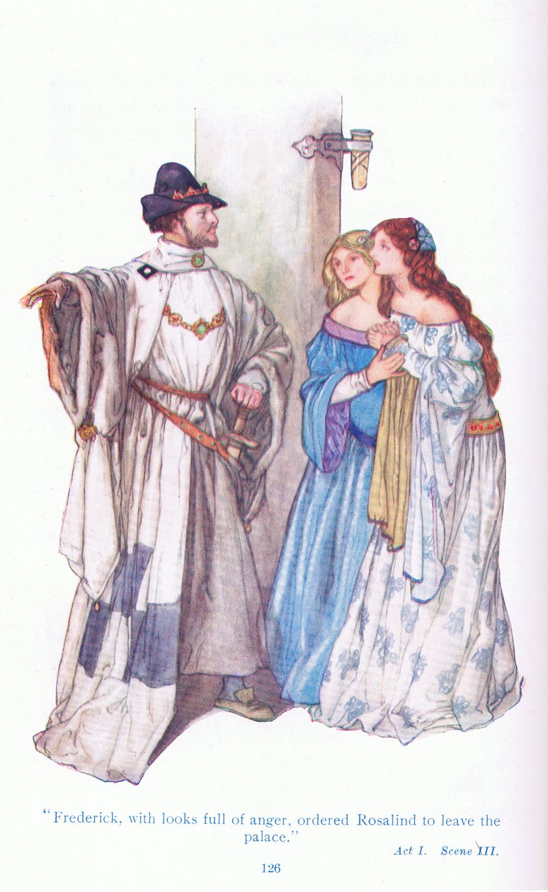Frederick med ilska blickar beordrade Rosalind att lämna palatset (As You Like It), från Tales from Shakespeare pub. av Ward Lock & Co Ltd av A. Jackson