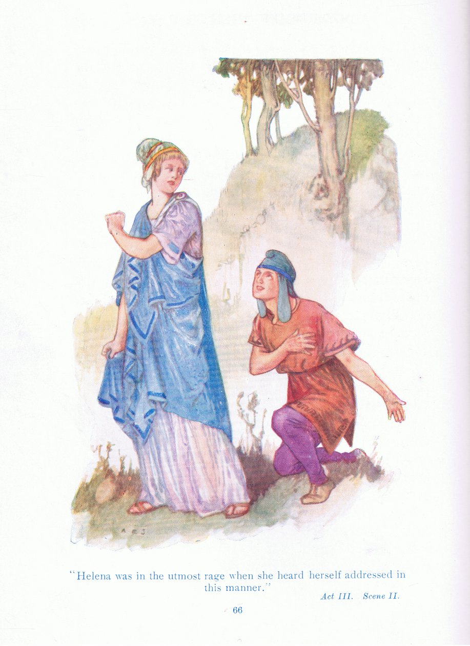 Helena var i yttersta raseri när hon hörde sig själv tilltalad på detta sätt (En midsommarnattsdröm), från Tales from Shakespeare pub. av Ward Lock & Co Ltd av A. Jackson