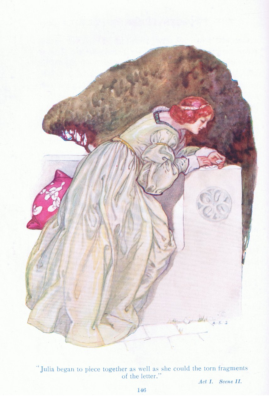 Julia började pussla ihop så bra hon kunde de sönderrivna fragmenten av brevet (Two Gentlemen of Verona), från Tales from Shakespeare pub. av Ward Lock & Co Ltd av A. Jackson