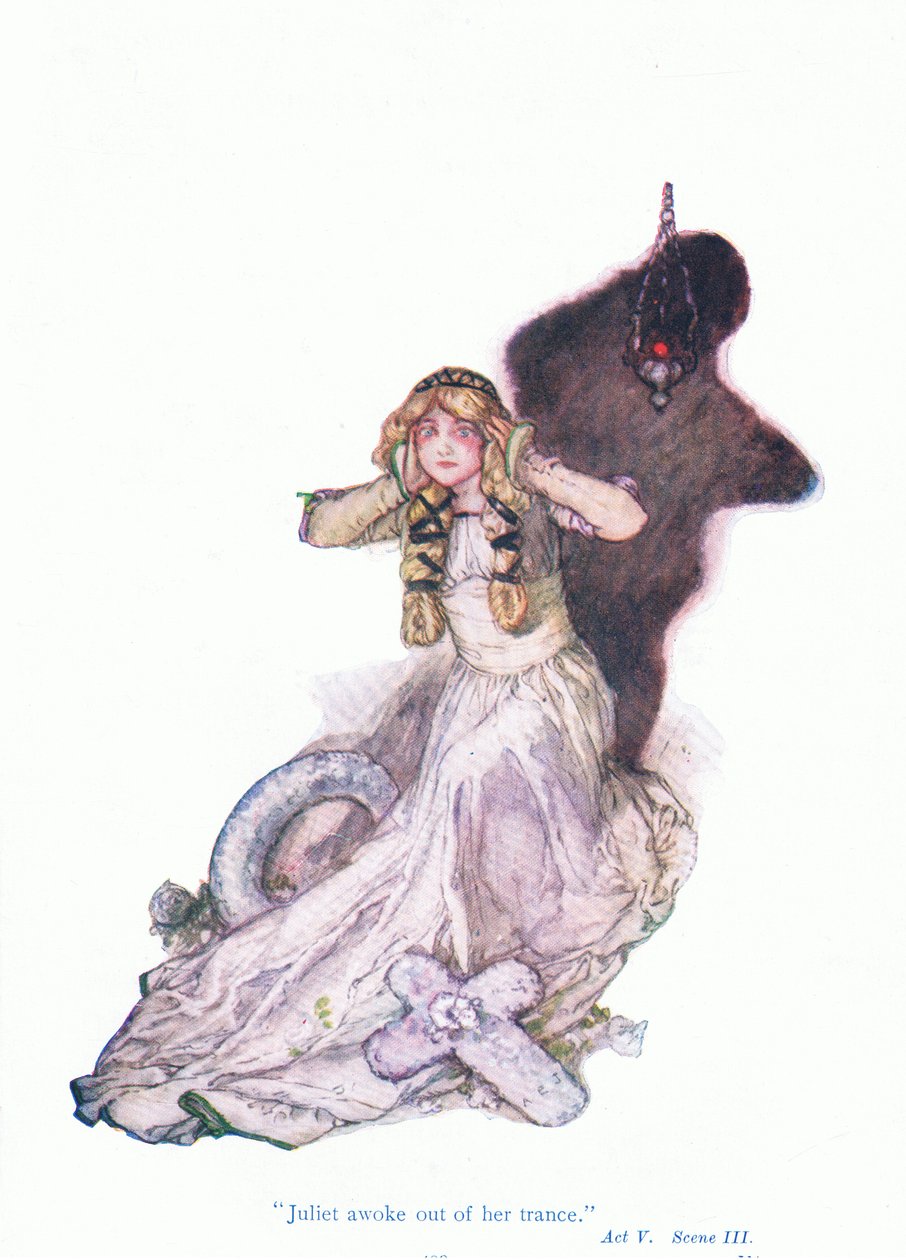 Juliet vaknade ur attrance (Romeo och Julia), från Tales from Shakespeare pub. av Ward Lock & Co Ltd av A. Jackson