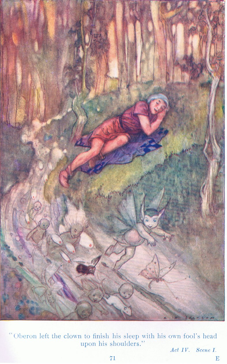 Oberon lämnade clownen för att avsluta sin sömn med dårhuvudet på sina axlar (En midsommarnattsdröm), från Tales from Shakespeare pub. av Ward Lock & Co Ltd av A. Jackson