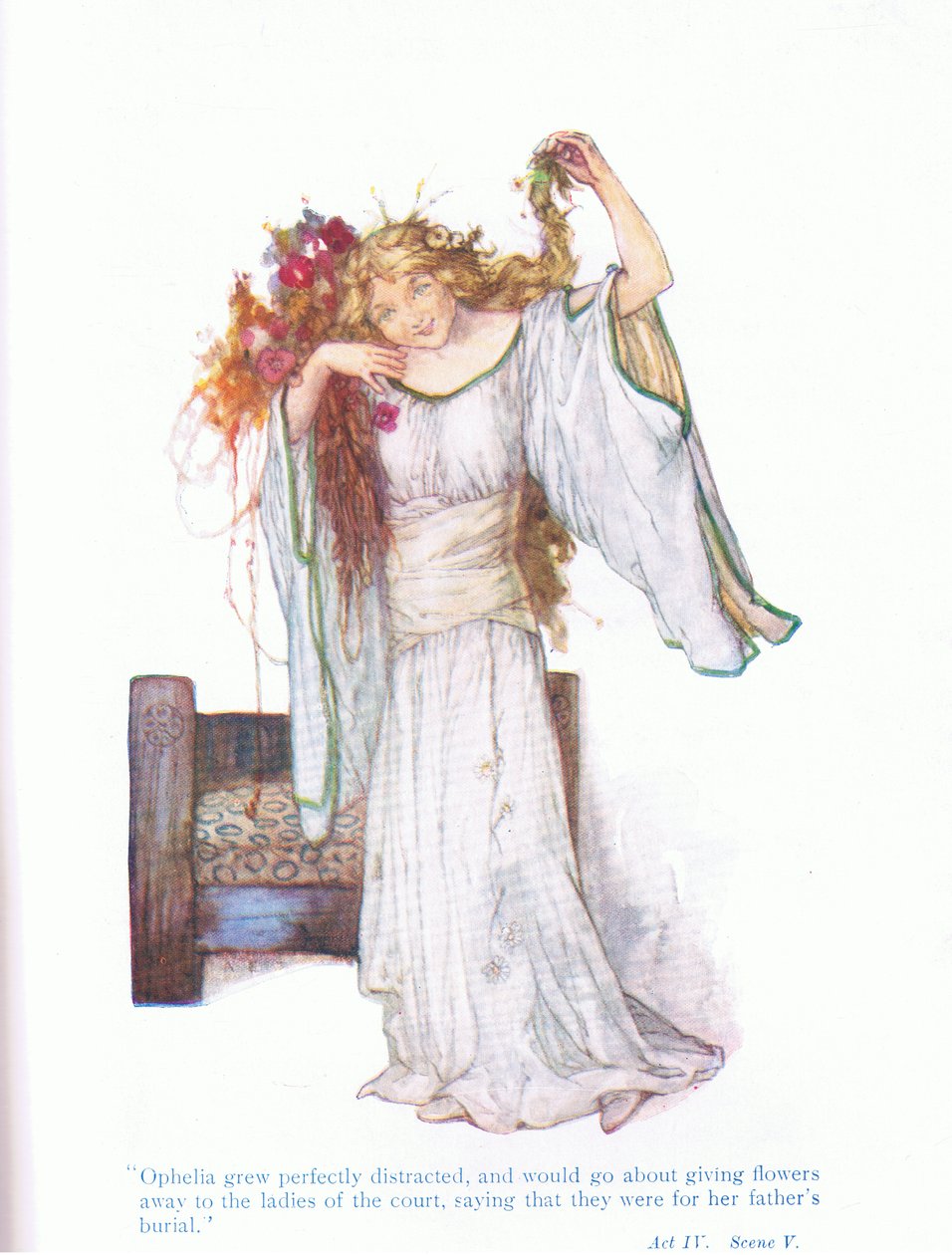 Ophelia blev perfekt distraherad och skulle ge bort till hovdamerna (Hamlet), från Tales from Shakespeare pub. av Ward Lock & Co Ltd av A. Jackson