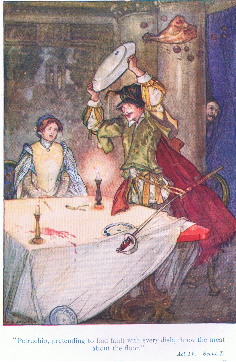 Petruchio, som låtsades hitta fel med varje maträtt, kastade köttet på golvet (The Taming of the Shrew), från Tales from Shakespeare pub. av Ward Lock & Co Ltd av A. Jackson
