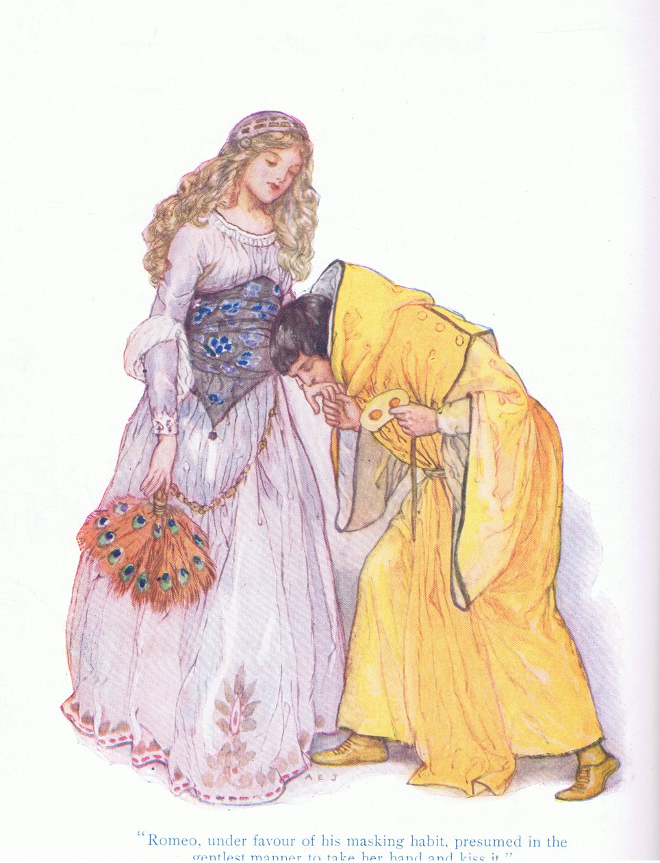 Romeo under förmån för sin maskeringsvana, antas på det mildaste sättet att ta hennes hand och kyssa den (Romeo och Julia), från Tales from Shakespeare pub. av Ward Lock & Co Ltd av A. Jackson