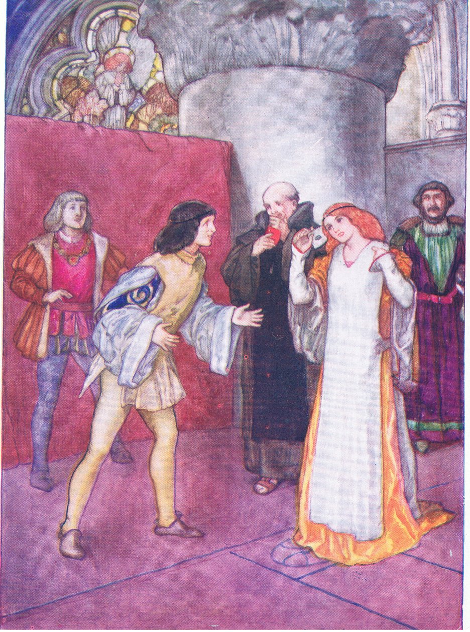Den okända damen tog av sig masken och visade sig inte vara någon systerdotter (som presenterades) av damhjälten själv (Much Ado About Nothing), från Tales from Shakespeare pub. av Ward Lock & Co Ltd av A. Jackson