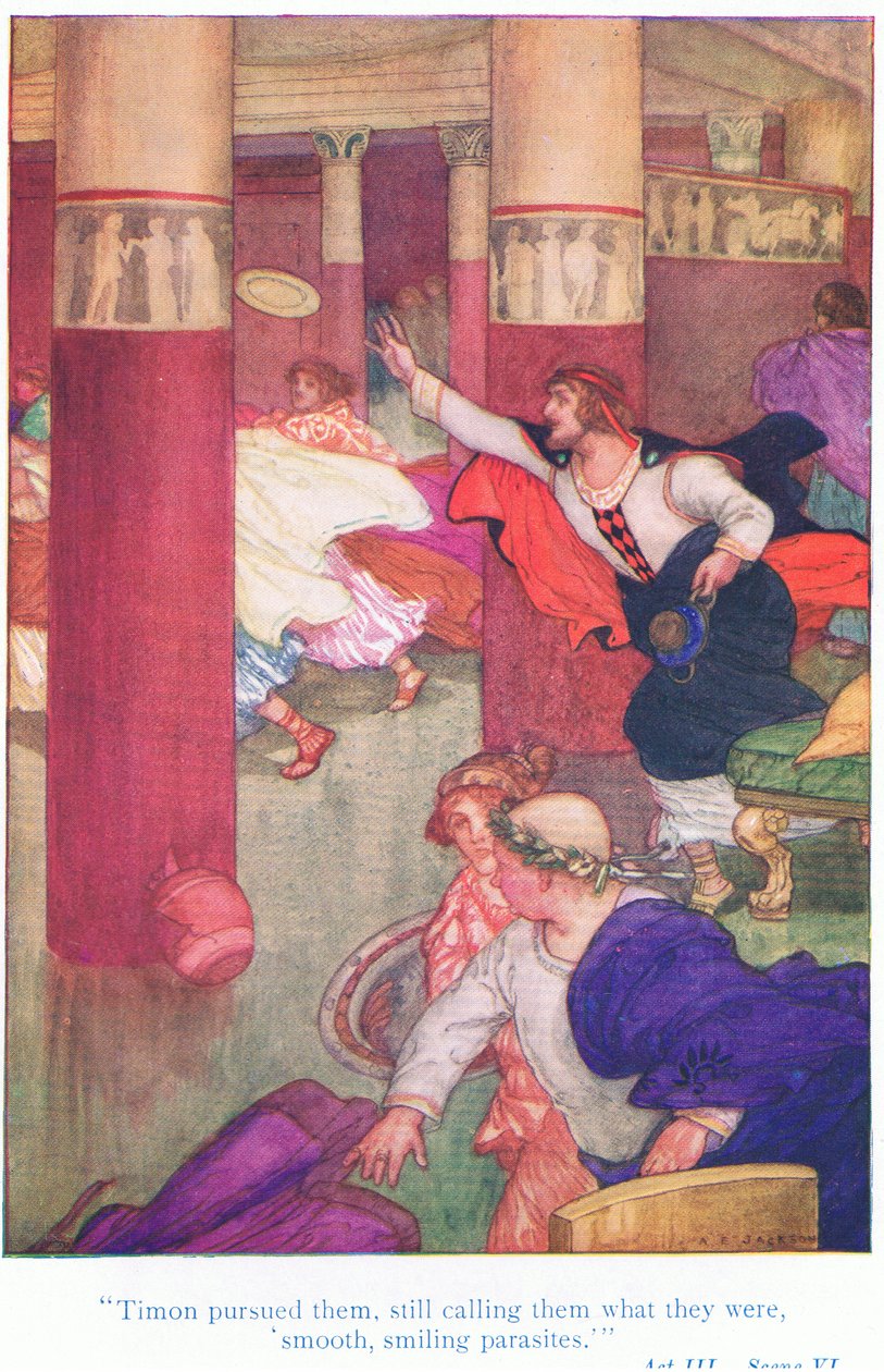 Timon förföljde dem, fortfarande kallade dem vad de var, släta, leende parasiter (Timon från Aten), från Tales from Shakespeare pub. av Ward Lock & Co Ltd av A. Jackson