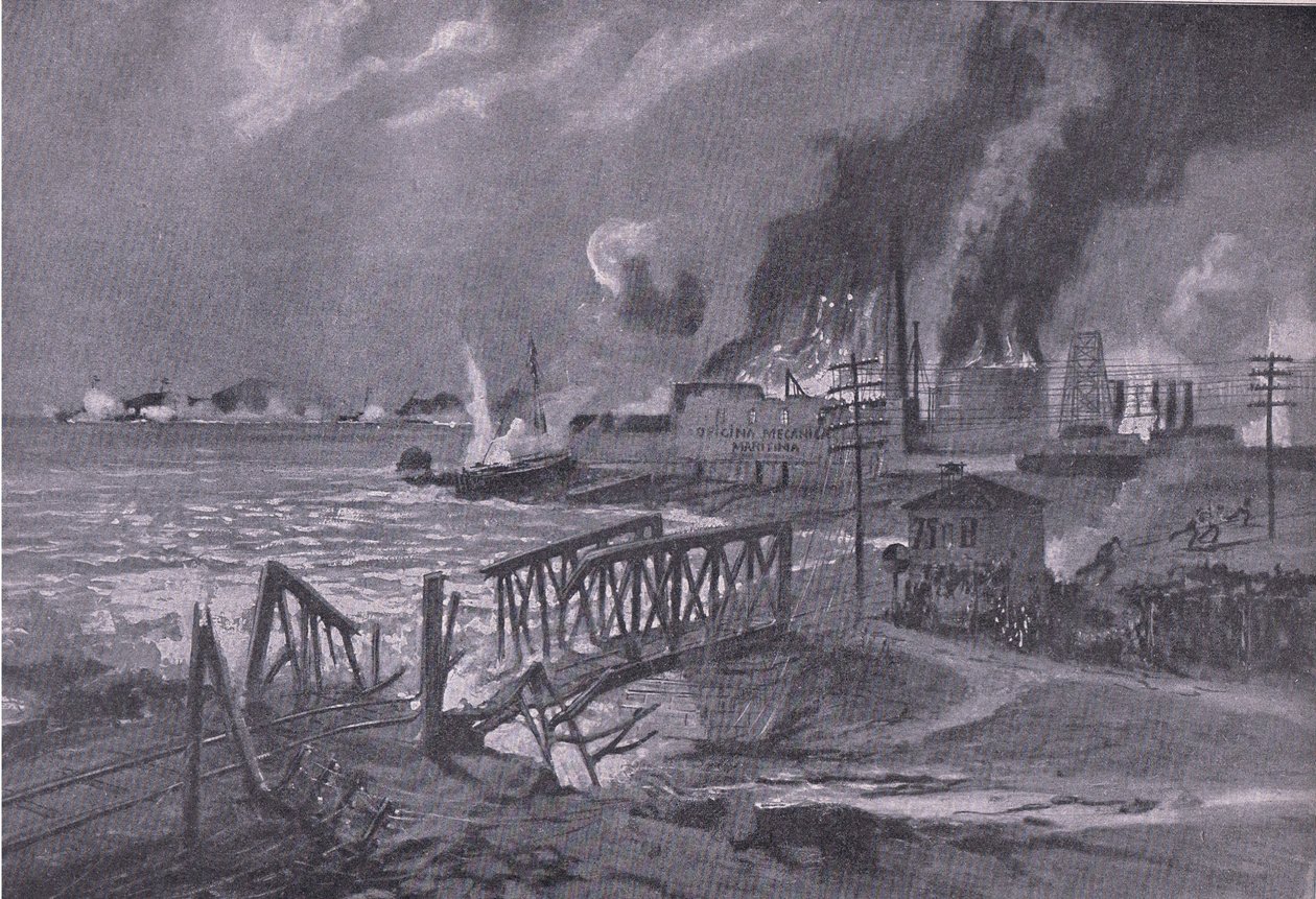 Förstörelse av ett varv i Bari (Italien) av österrikisk-ungerska torpedjagare, från puben The Illustrated History of the World War 1914-1915. av Union Berlagsefellfchaft av A. Kircher