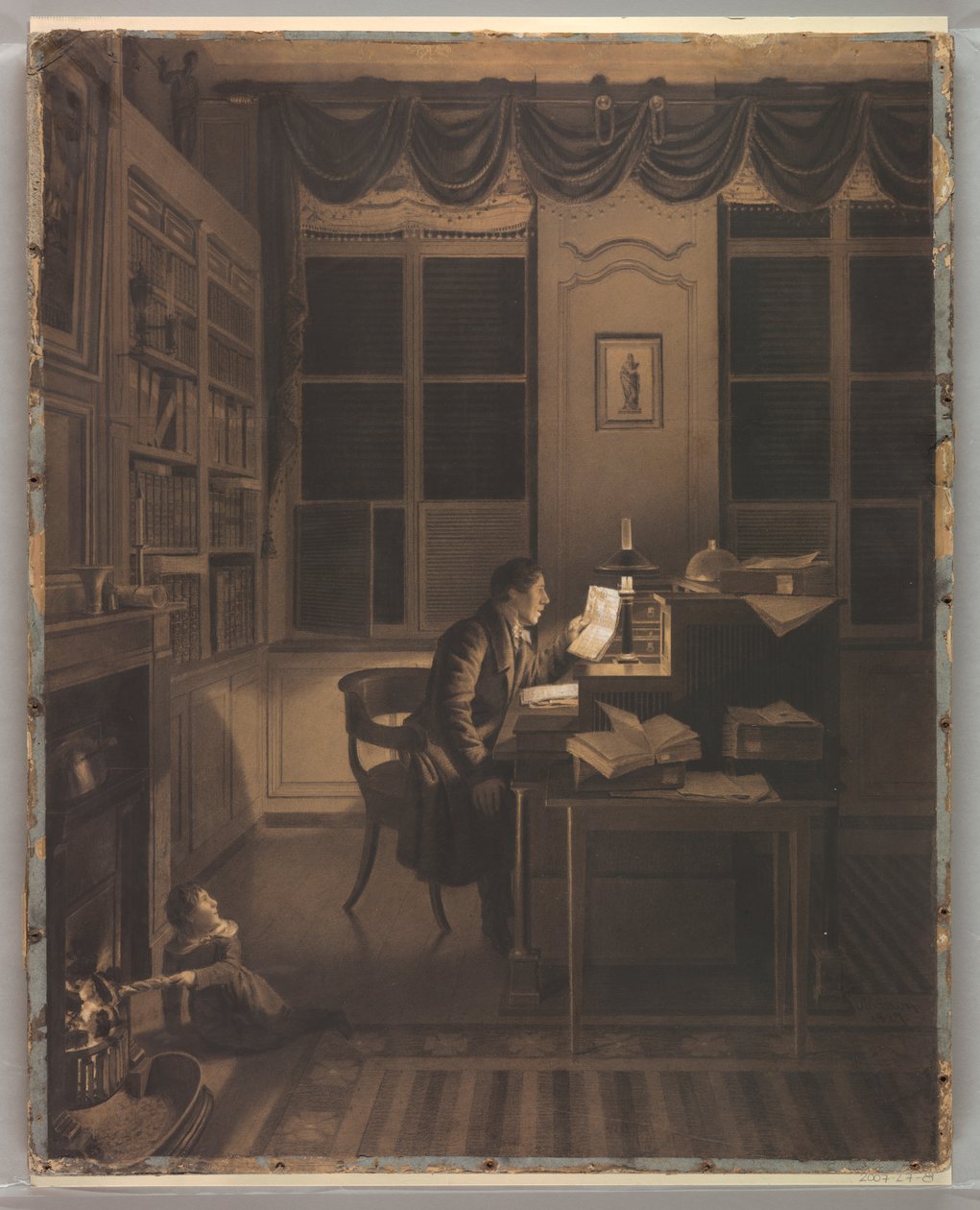 Teckning, interiör med en man som läser vid sitt skrivbord, 1827 av A. L. Leroy