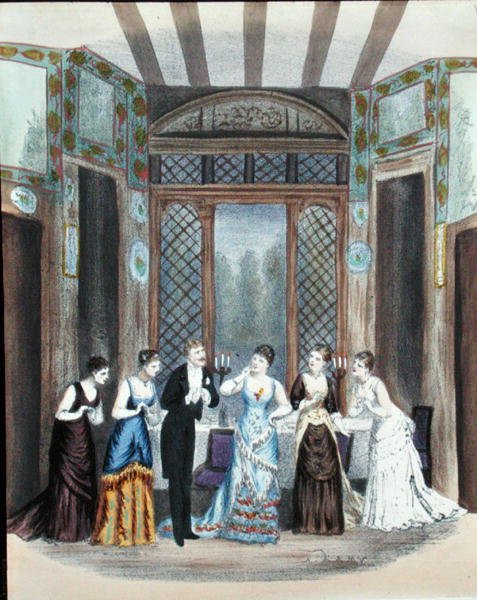 Scen från en operett, ca 1870-80 (färg litho) av A. Lamy