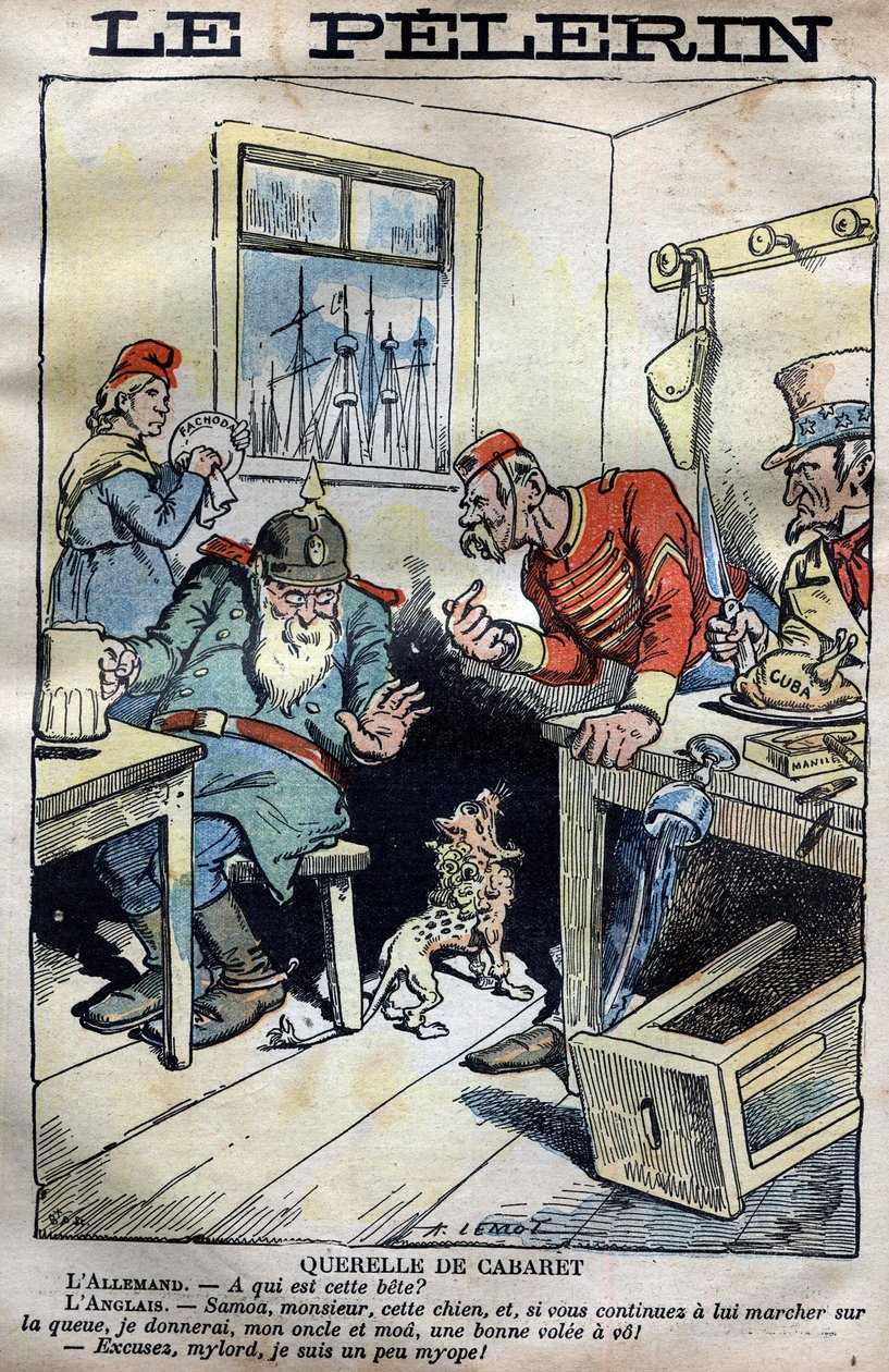Cabaret Querelle: Tecknad film om kolonialkrigen mellan England, Tyskland, Frankrike och USA kring situationen i Fachoda i Afrika. Gravyr av Lemot i "" le Pelerin"" av den 23 april 1899 (Fachoda-krisen: allvarlig diplomatisk incident mellan av A Lemot