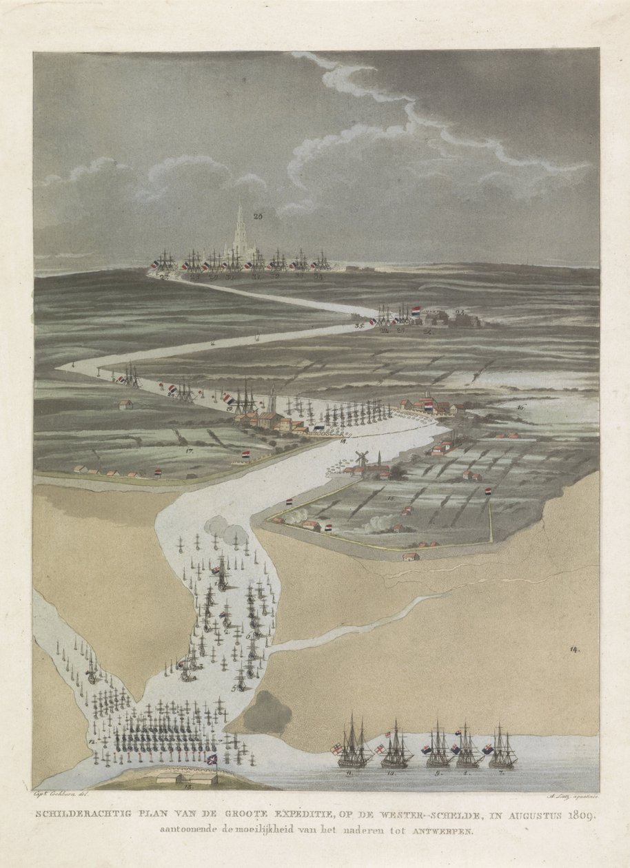 Brittisk expedition till Antwerpen, 1809 Pittoresk plan över den stora expeditionen, på Västra Schelde, i augusti 1809. Visar svårigheten att närma sig Antwerpen (titel på objekt) av A. Lutz