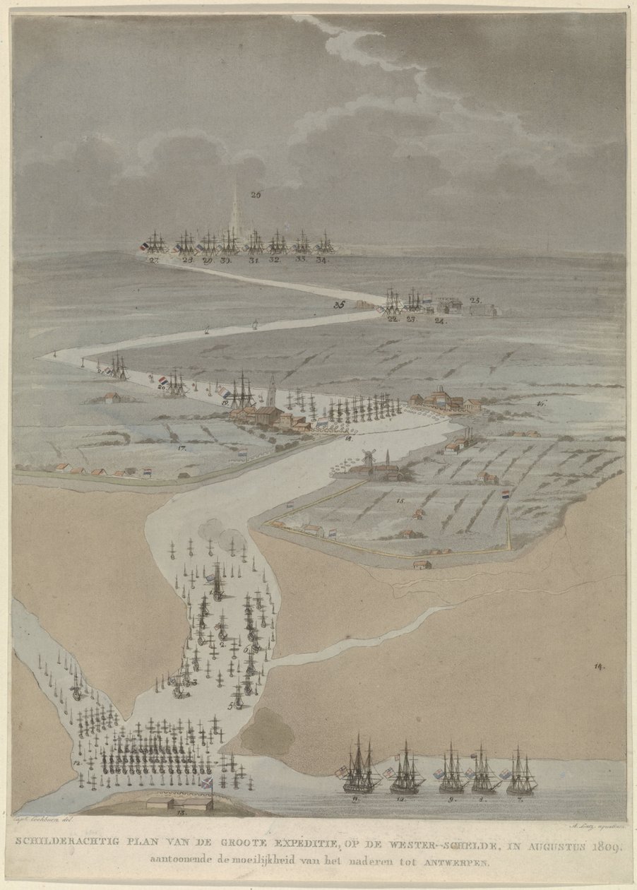 Fågelperspektiv över västra Schelde med engelska, holländska och franska flottor, 1809 Pittoresk plan över den stora expeditionen på Västra Schelde i augusti 1809 (titel på objekt) av A. Lutz