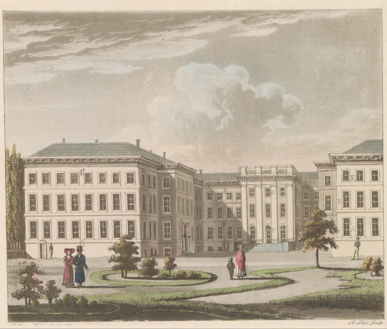 Noordeinde-palatset i Haag, 1810-1825 Le Palais royal à La Haye, vu du jardin / Kungliga slottet i Haag, sett från trädgårdssidan (titel på objektet) av A. Lutz