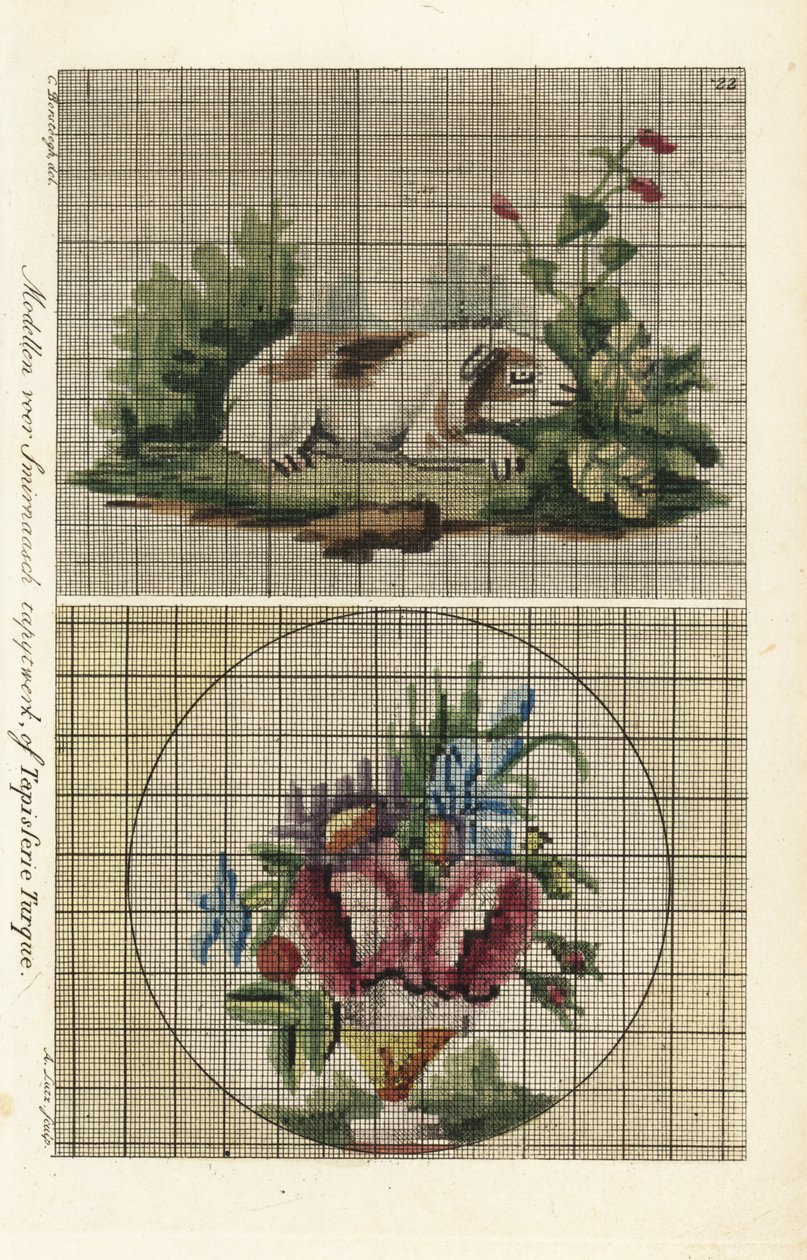 Mönster för turkisk gobeläng: marsvin i en trädgård och bukett blommor i en vas av A. Lutz