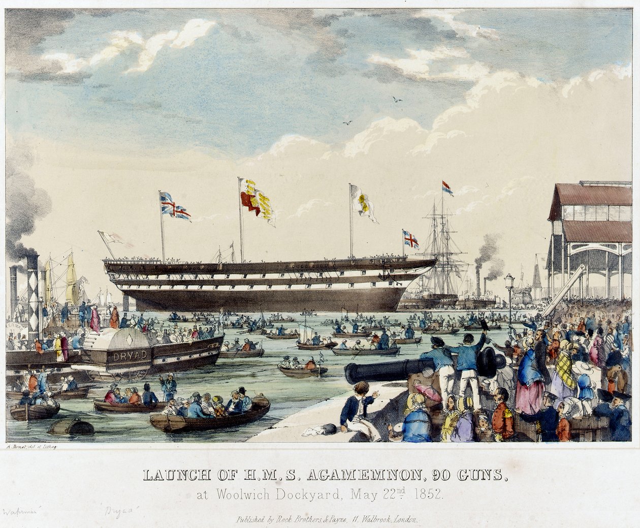 Sjösättning av HMS "Agamemnon", 90 kanoner, vid Woolwich Dockyard, 22 maj 1852 av A. Pernet