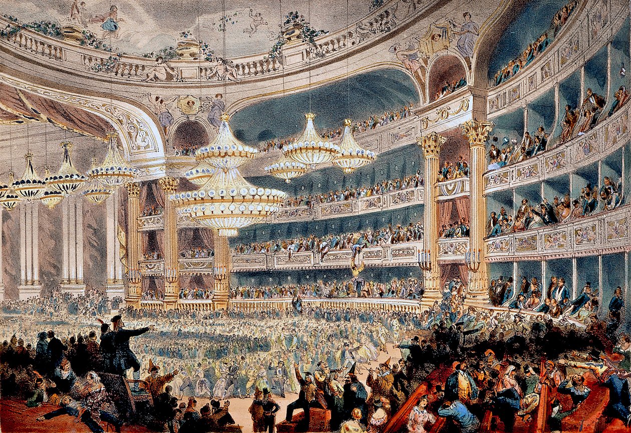 Bal på Opera de la rue Le Peletier i Paris omkring 1850 - Gravyr av en provost av A Provost