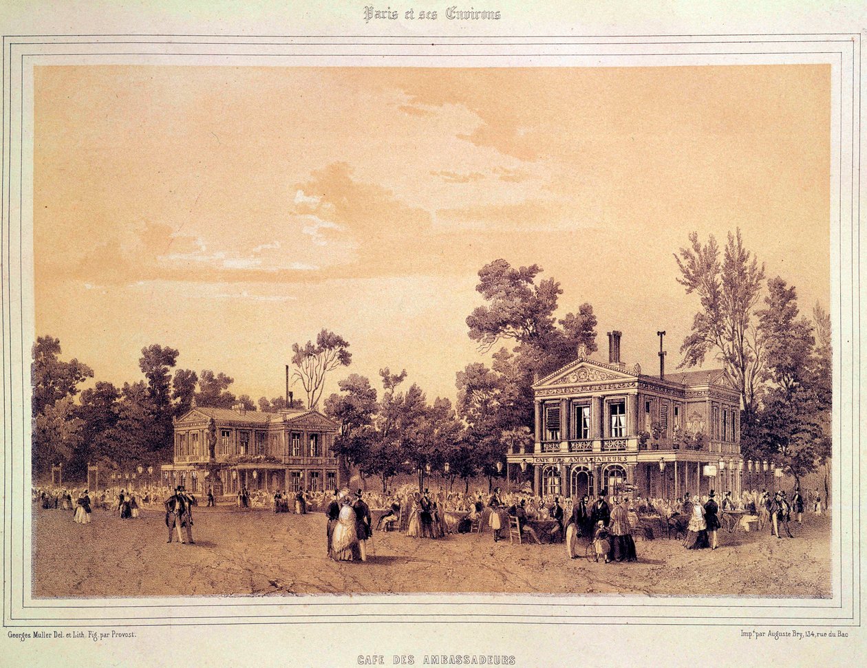 Utsikt över Cafe des Ambassadeurs på Champs Elysees i Paris Litografi av A. provost (aktiv omkring 1834-1855) Paris, Musee Carnavalet av A Provost