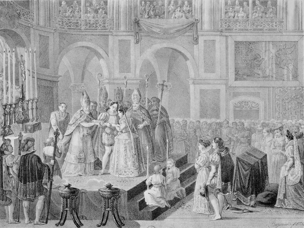 Äktenskapet mellan Henri III (1553-1610) och Marguerite av Frankrike (1553-1615) 1572, 1832 av A. Regnier