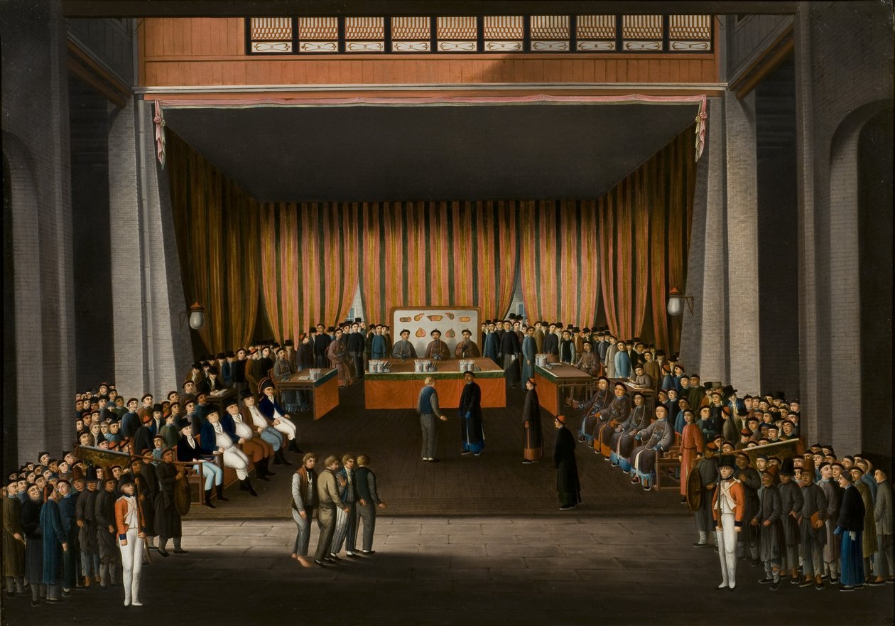 Kinesiska domstolen i hallen på den brittiska fabriken i Kanton, 9 april 1807, ca 1810 (olja på papper) av A. Roland Knight
