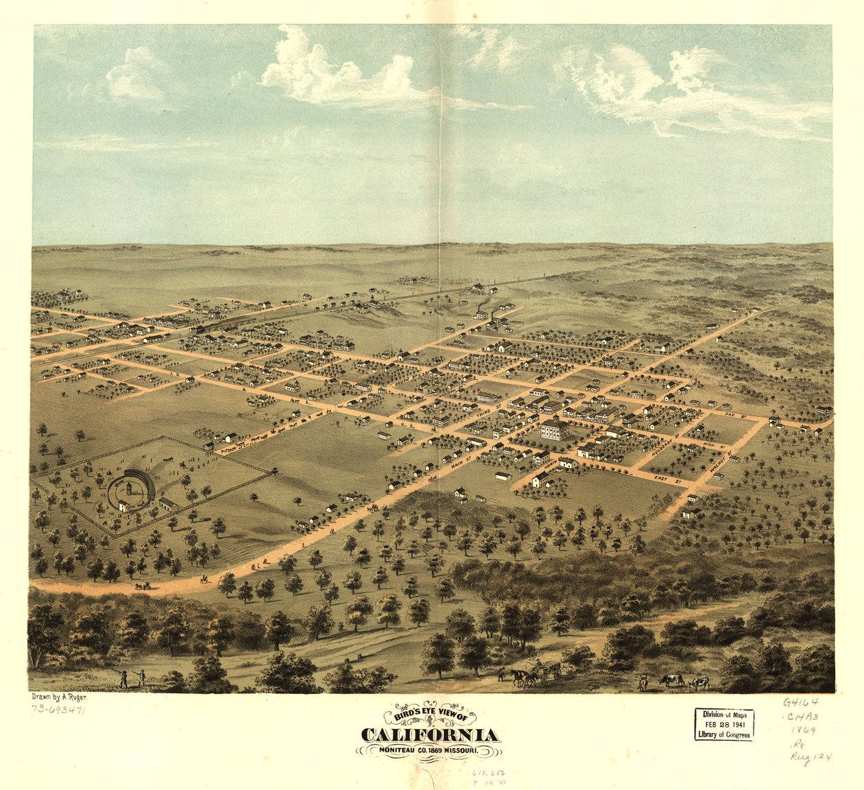 Fågelperspektiv över Kalifornien, Moniteau Co, Missouri 1869. LOC 73693471 av A. Ruger