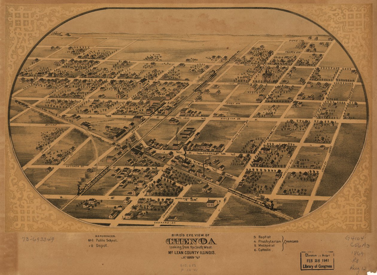 Fågelperspektiv över Chenoa, McLean County, Illinois 1869. LOC 73693349 av A. Ruger
