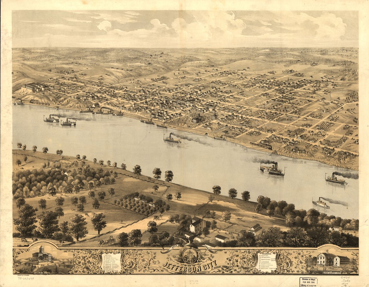 Fågelperspektiv över Jefferson City, huvudstad i Missouri 1869. LOC 73693479 av A. Ruger