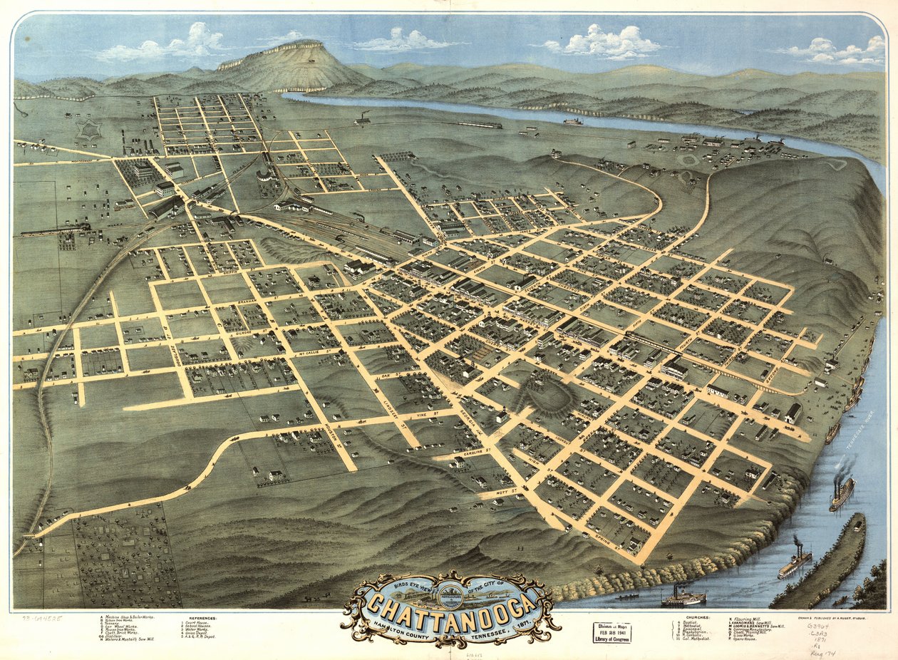 Fågelperspektiv över staden Chattanooga, Hamilton County, Tennessee 1871. av A. Ruger