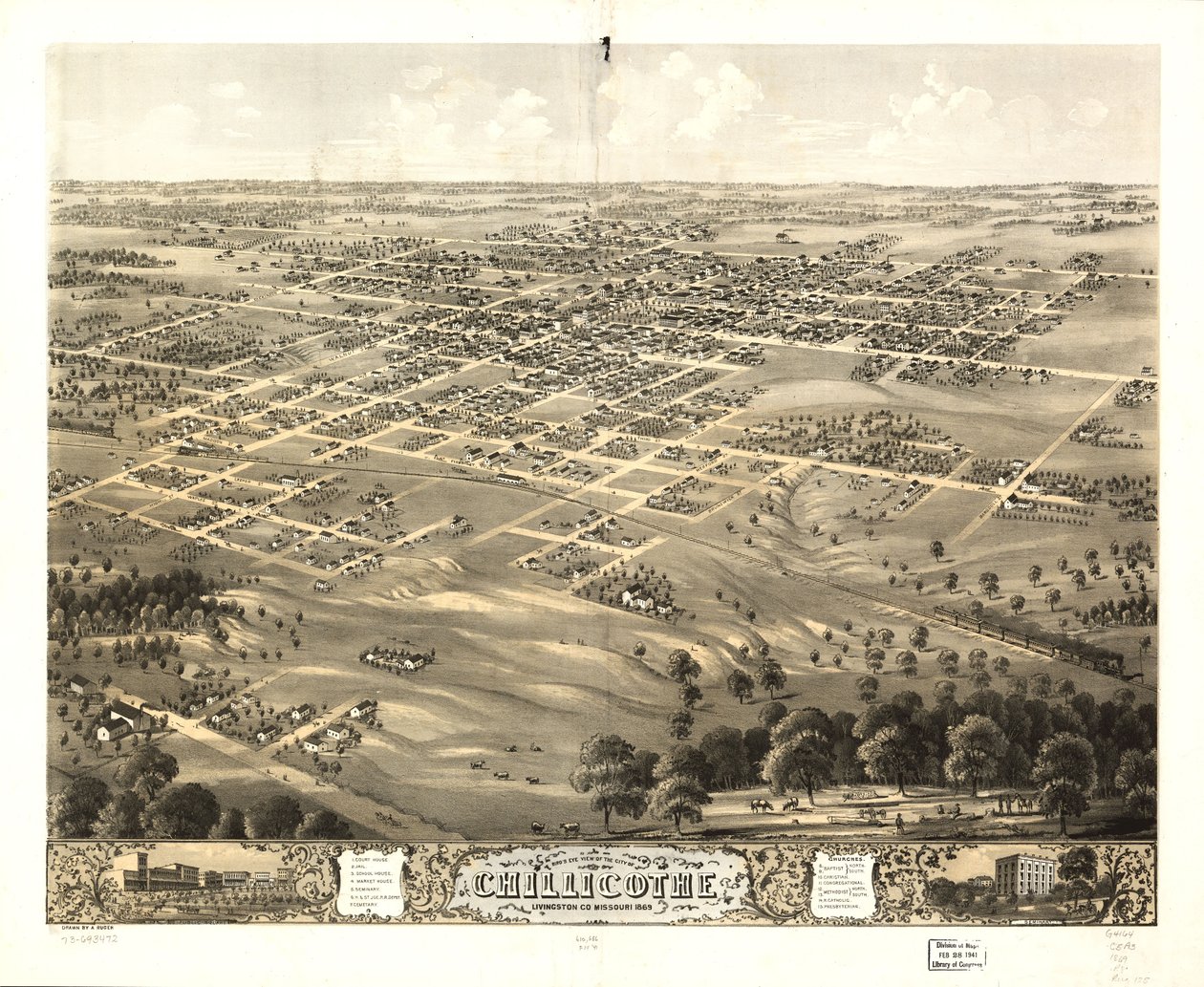 Fågelperspektiv över staden Chillicothe, Livingston Co, Missouri 1869. LOC 73693472 av A. Ruger
