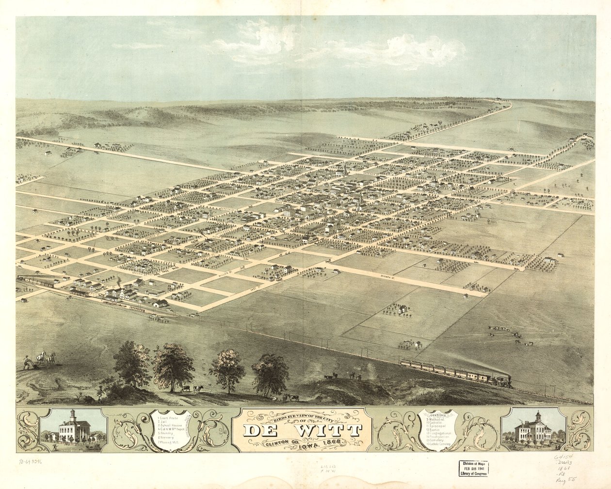 Fågelperspektiv över staden De Witt, Clinton Co, Iowa 1868. LOC 73693396 av A. Ruger