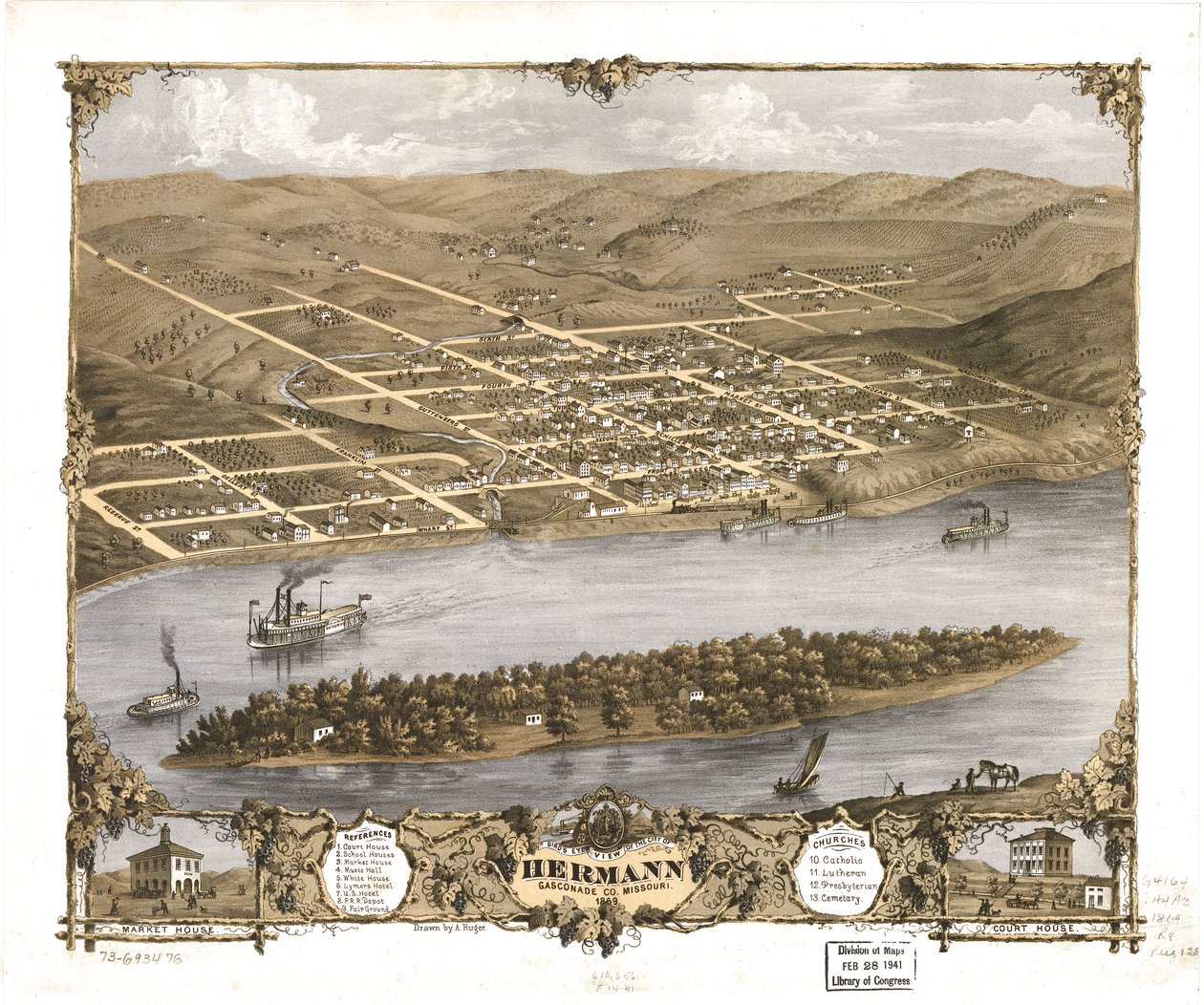 Fågelperspektiv över staden Hermann, Gasconade Co, Missouri 1869. LOC 73693476 av A. Ruger